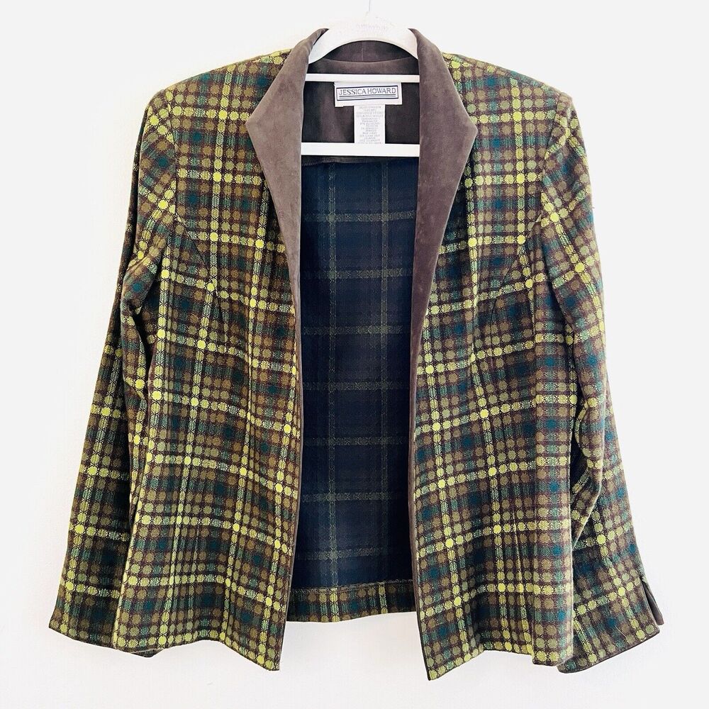 Vintage Jessica Howard Green & Brown Lightweight Stretchy Blazer Jacket ~Size 12